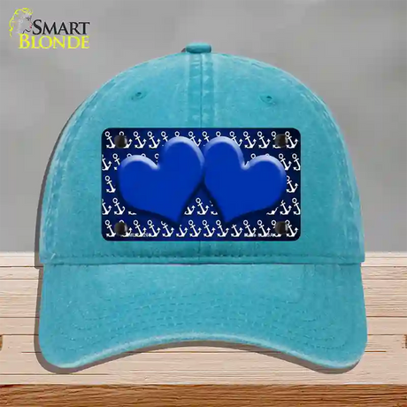 Blue White Anchor Hearts Oil Rubbed Novelty License Plate Hat Unconstructed Cotton / Lake Blue