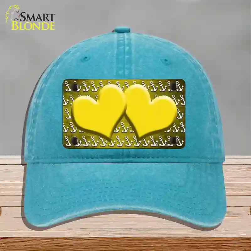 Yellow White Anchor Hearts Oil Rubbed Novelty License Plate Hat Unconstructed Cotton / Lake Blue