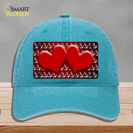 Red White Anchor Hearts Oil Rubbed Novelty License Plate Hat Unconstructed Cotton / Lake Blue