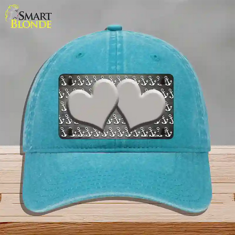 Gray White Anchor Hearts Oil Rubbed Novelty License Plate Hat Unconstructed Cotton / Lake Blue