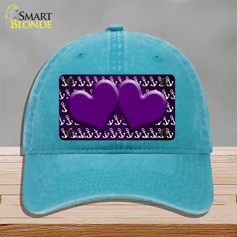 Purple White Anchor Hearts Oil Rubbed Novelty License Plate Hat Unconstructed Cotton / Lake Blue