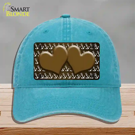 Brown White Anchor Hearts Oil Rubbed Novelty License Plate Hat Unconstructed Cotton / Lake Blue