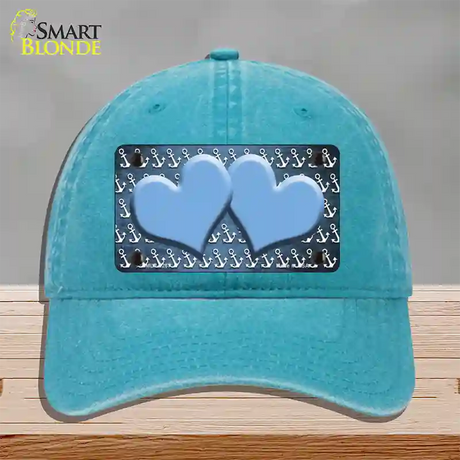 Light Blue White Anchor Hearts Oil Rubbed Novelty License Plate Hat Unconstructed Cotton / Lake Blue