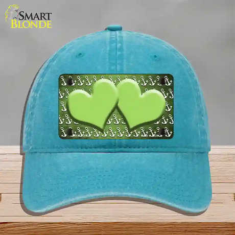 Lime Green White Anchor Hearts Oil Rubbed Novelty License Plate Hat Unconstructed Cotton / Lake Blue