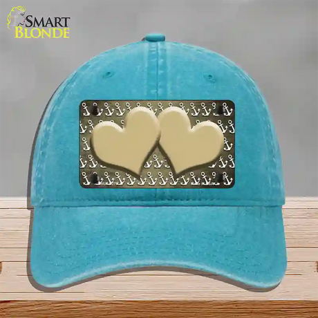 Gold White Anchor Hearts Oil Rubbed Novelty License Plate Hat Unconstructed Cotton / Lake Blue