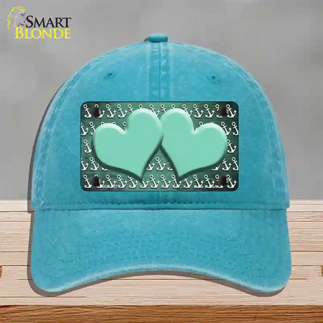 Mint White Anchor Hearts Oil Rubbed Novelty License Plate Hat Unconstructed Cotton / Lake Blue