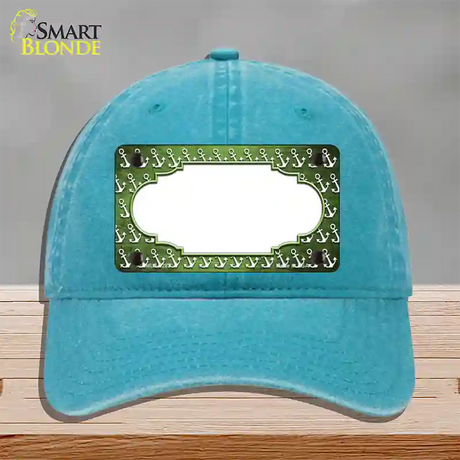 Lime Green White Anchor Scallop Oil Rubbed Novelty License Plate Hat Unconstructed Cotton / Lake Blue