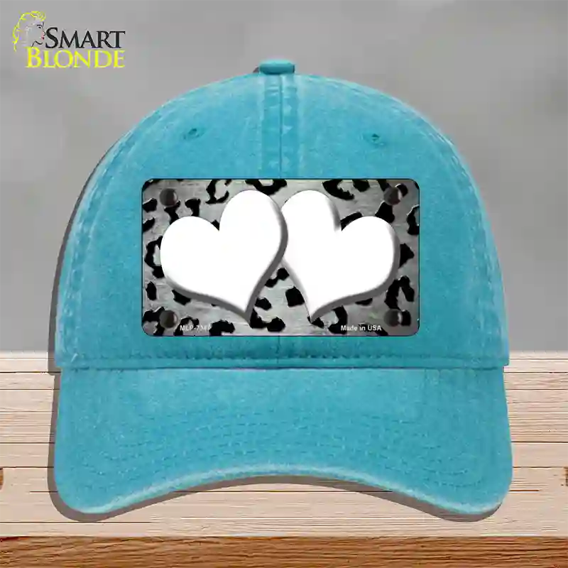 White Black Cheetah Hearts Oil Rubbed Novelty License Plate Hat Unconstructed Cotton / Lake Blue