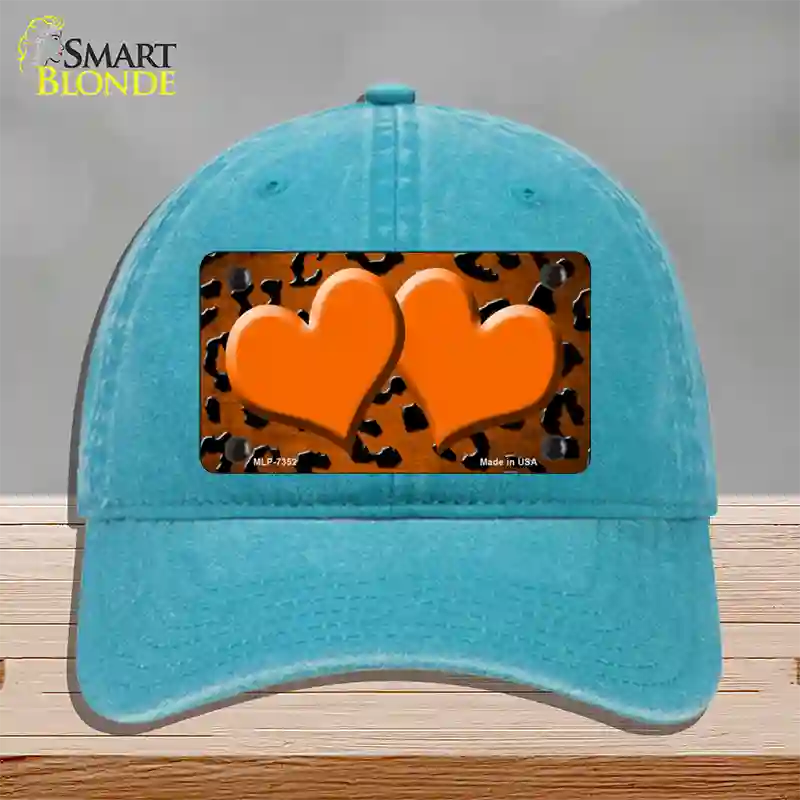 Orange Black Cheetah Hearts Oil Rubbed Novelty License Plate Hat Unconstructed Cotton / Lake Blue