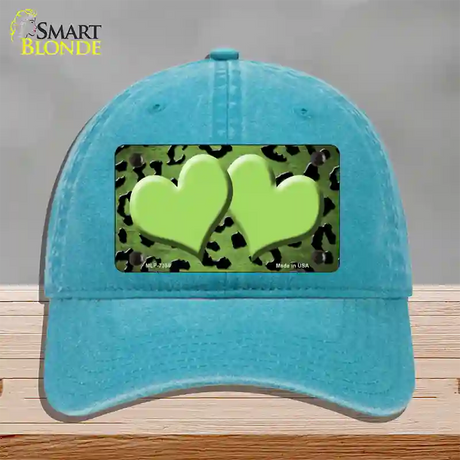 Lime Green Black Cheetah Hearts Oil Rubbed Novelty License Plate Hat Unconstructed Cotton / Lake Blue