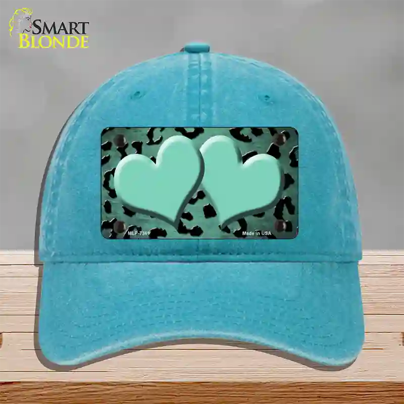 Mint Black Cheetah Hearts Oil Rubbed Novelty License Plate Hat Unconstructed Cotton / Lake Blue