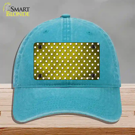 Yellow White Small Dots Oil Rubbed Novelty License Plate Hat Unconstructed Cotton / Lake Blue