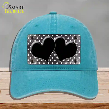 Black White Small Dots Hearts Oil Rubbed Novelty License Plate Hat Unconstructed Cotton / Lake Blue