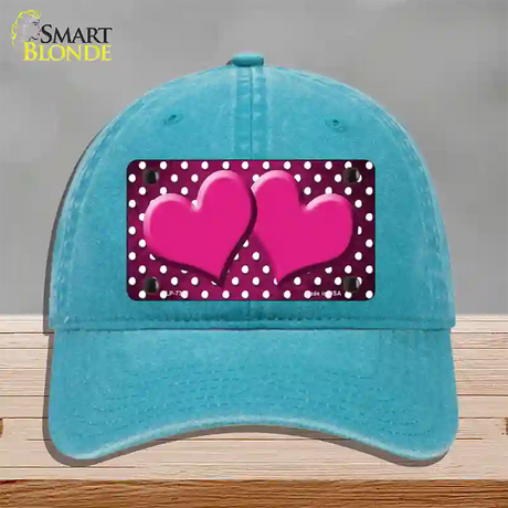 Pink White Small Dots Hearts Oil Rubbed Novelty License Plate Hat Unconstructed Cotton / Lake Blue