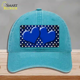 Blue White Small Dots Hearts Oil Rubbed Novelty License Plate Hat Unconstructed Cotton / Lake Blue