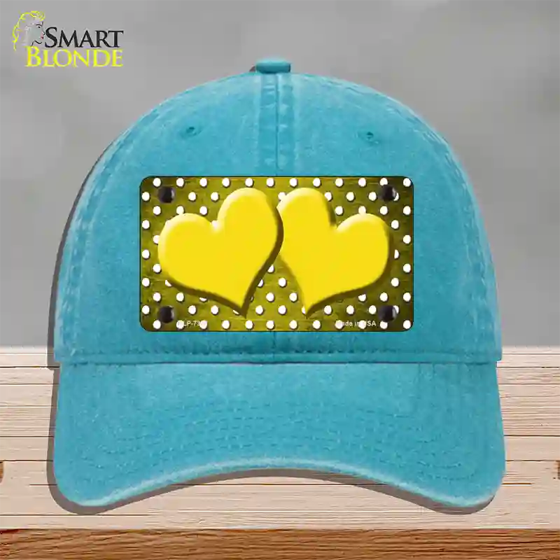 Yellow White Small Dots Hearts Oil Rubbed Novelty License Plate Hat Unconstructed Cotton / Lake Blue