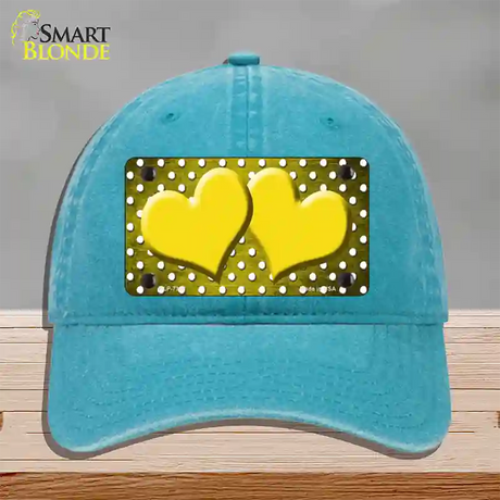 Yellow White Small Dots Hearts Oil Rubbed Novelty License Plate Hat Unconstructed Cotton / Lake Blue