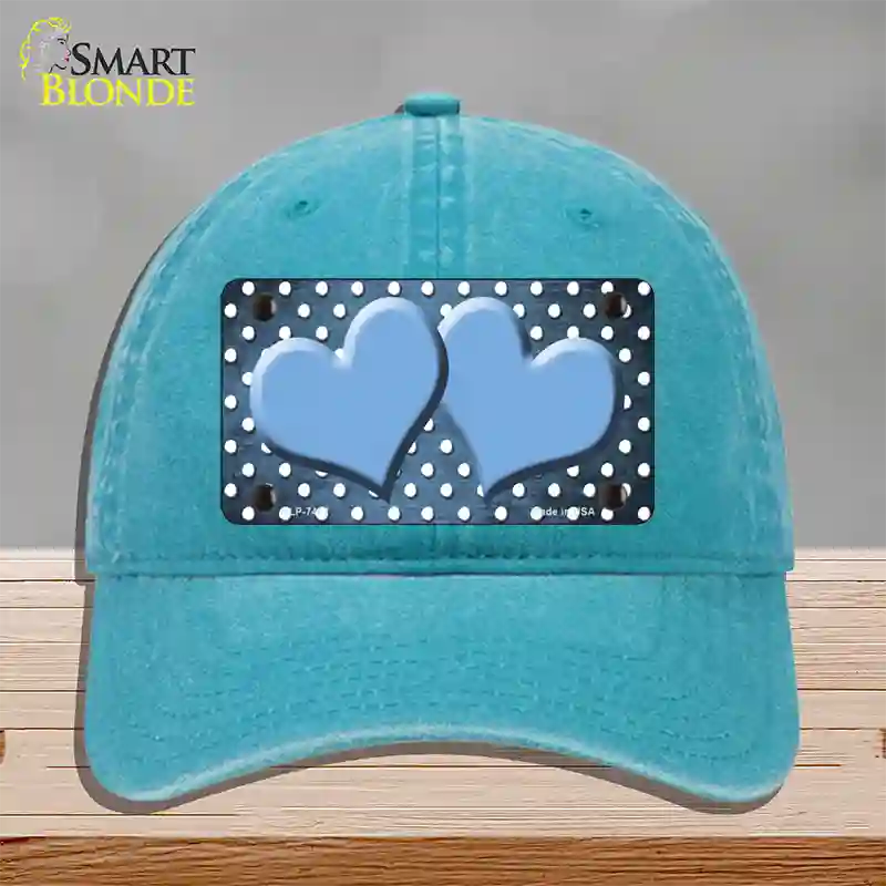 Light Blue White Small Dots Hearts Oil Rubbed Novelty License Plate Hat Unconstructed Cotton / Lake Blue