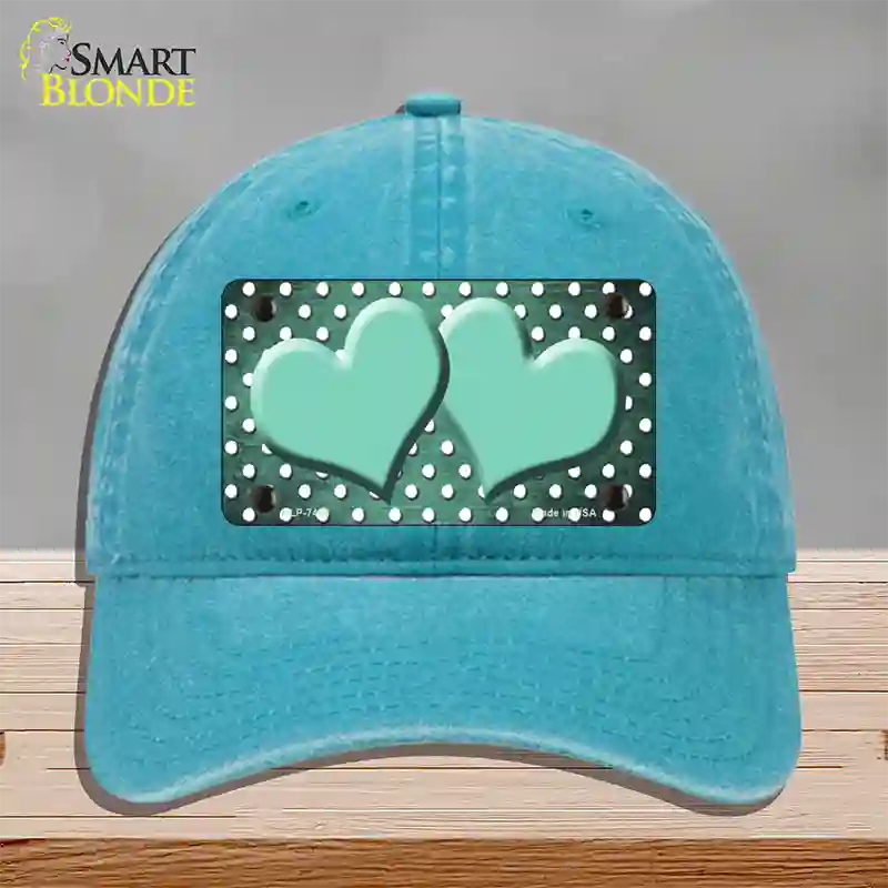 Mint White Small Dots Hearts Oil Rubbed Novelty License Plate Hat Unconstructed Cotton / Lake Blue