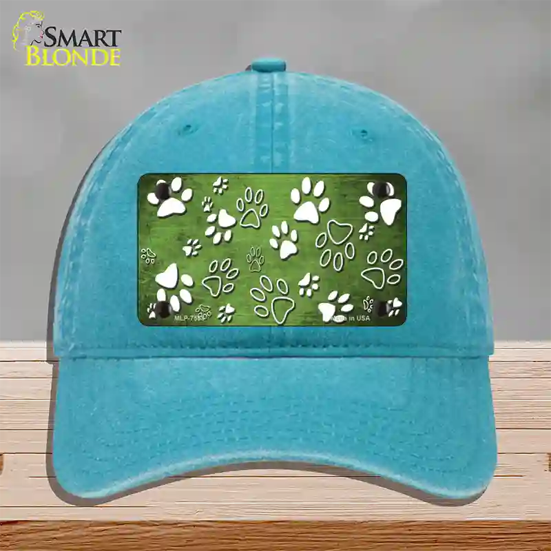 Lime Green White Paw Oil Rubbed Novelty License Plate Hat Unconstructed Cotton / Lake Blue