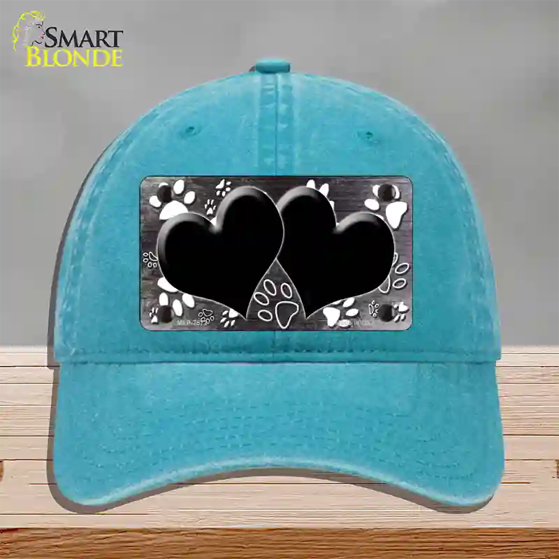 Paw Heart Black White Novelty License Plate Hat Unconstructed Cotton / Lake Blue