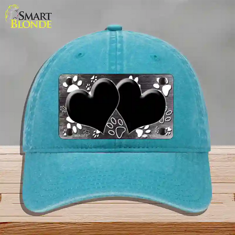 Paw Heart Black White Novelty License Plate Hat Unconstructed Cotton / Lake Blue