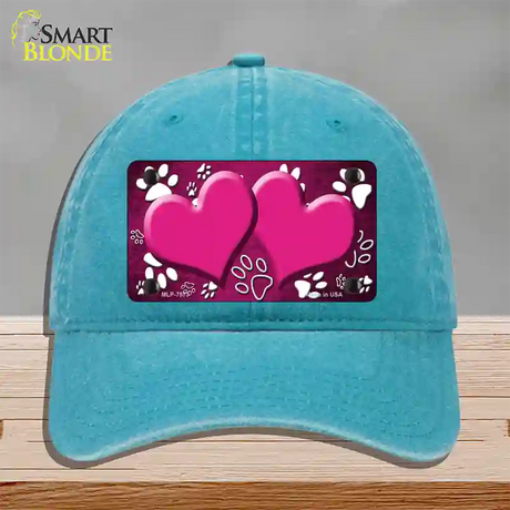 Paw Heart Pink White Novelty License Plate Hat Unconstructed Cotton / Lake Blue