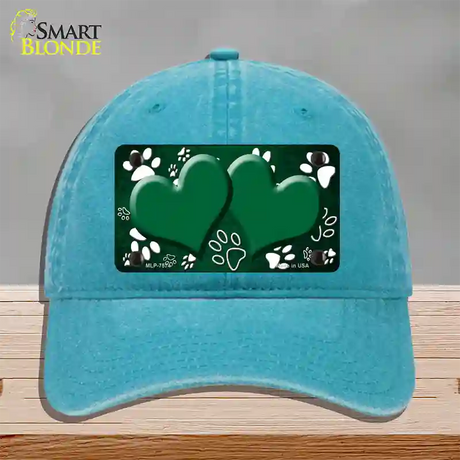 Paw Heart Green White Novelty License Plate Hat Unconstructed Cotton / Lake Blue