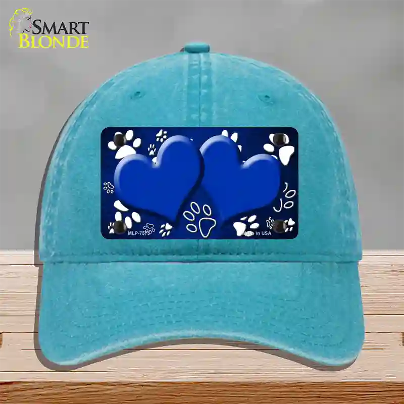 Paw Heart Blue White Novelty License Plate Hat Unconstructed Cotton / Lake Blue