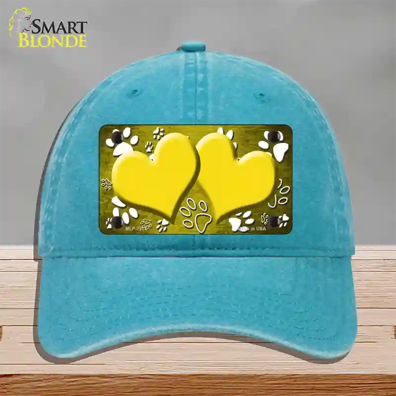 Paw Heart Yellow White Novelty License Plate Hat Unconstructed Cotton / Lake Blue