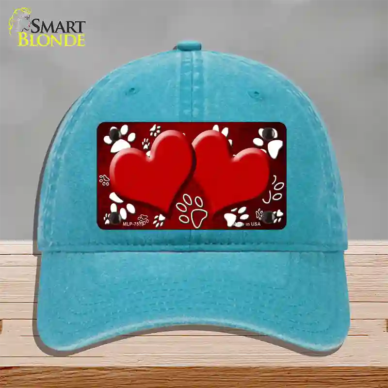 Paw Heart Red White Novelty License Plate Hat Unconstructed Cotton / Lake Blue