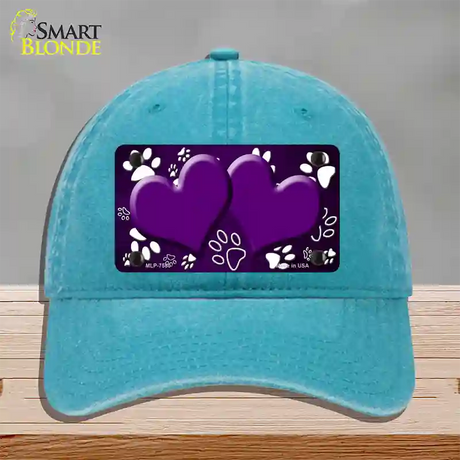 Paw Heart Purple White Novelty License Plate Hat Unconstructed Cotton / Lake Blue