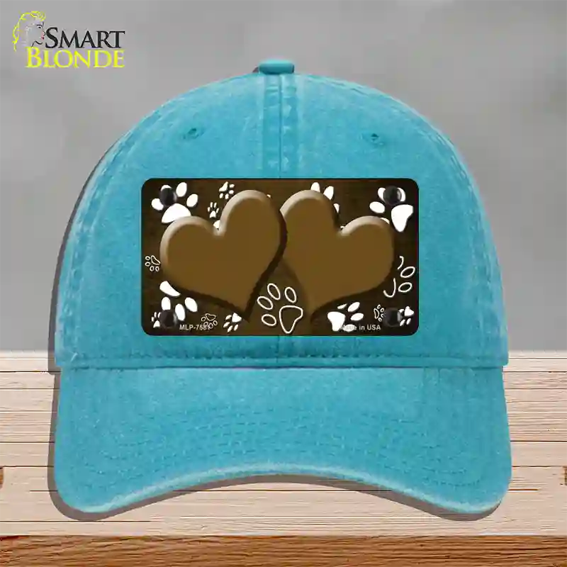 Paw Heart Brown White Novelty License Plate Hat Unconstructed Cotton / Lake Blue