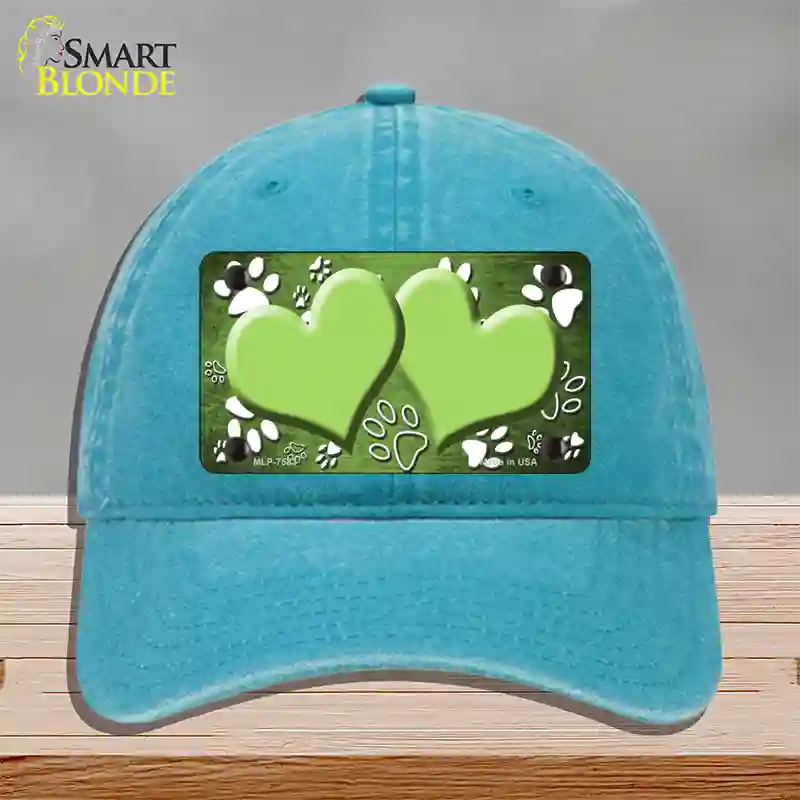 Paw Heart Lime Green White Novelty License Plate Hat Unconstructed Cotton / Lake Blue