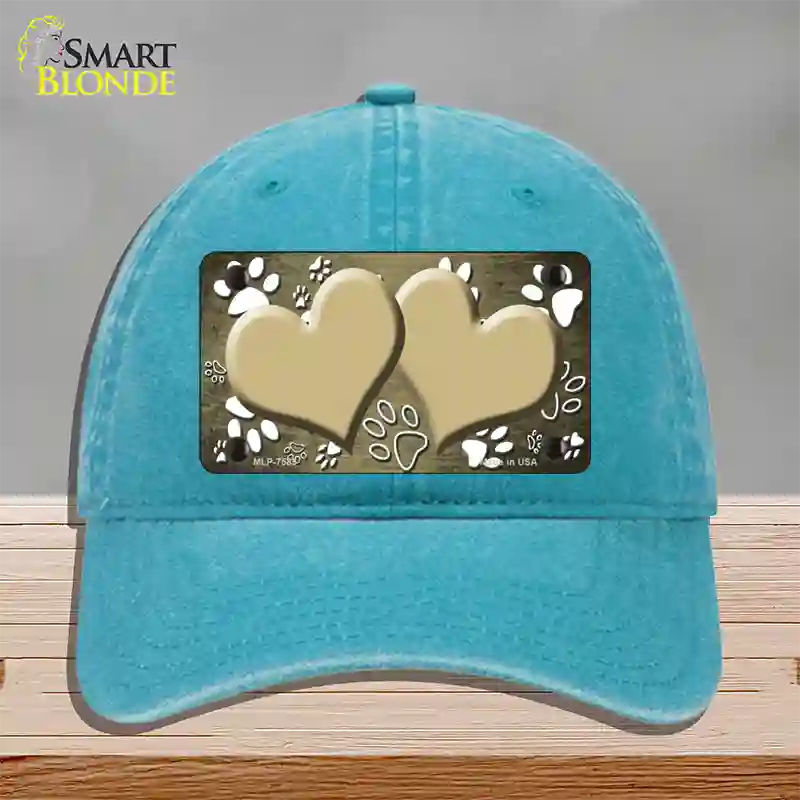 Paw Heart Gold White Novelty License Plate Hat Unconstructed Cotton / Lake Blue