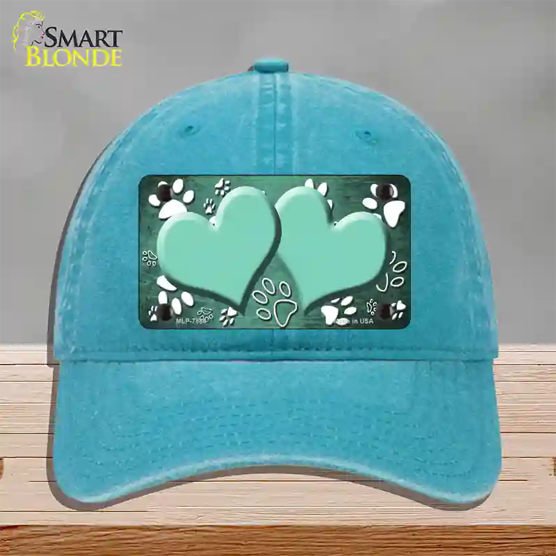 Paw Heart Mint White Novelty License Plate Hat Unconstructed Cotton / Lake Blue