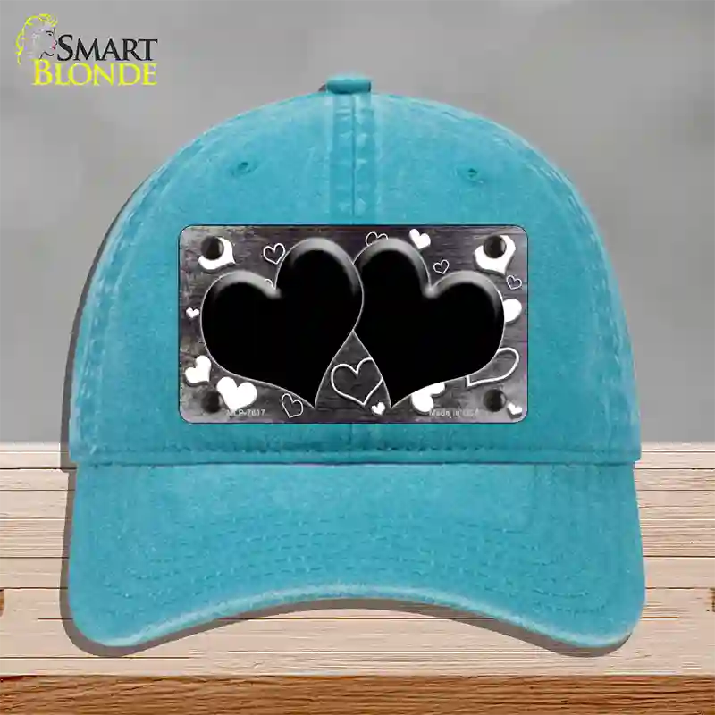 Black White Love Hearts Oil Rubbed Novelty License Plate Hat Unconstructed Cotton / Lake Blue