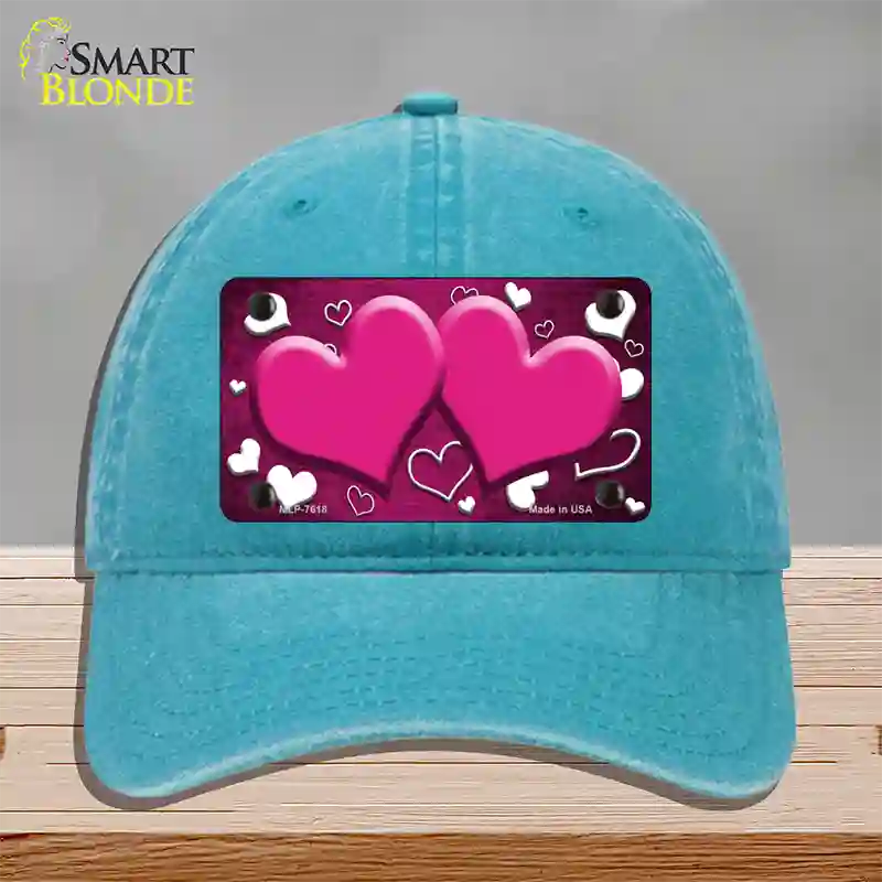 Pink White Love Hearts Oil Rubbed Novelty License Plate Hat Unconstructed Cotton / Lake Blue