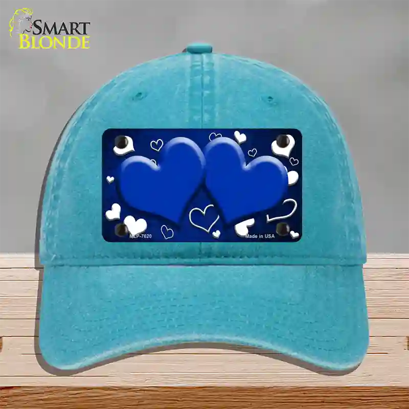 Blue White Love Hearts Oil Rubbed Novelty License Plate Hat Unconstructed Cotton / Lake Blue