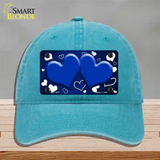 Blue White Love Hearts Oil Rubbed Novelty License Plate Hat Unconstructed Cotton / Lake Blue