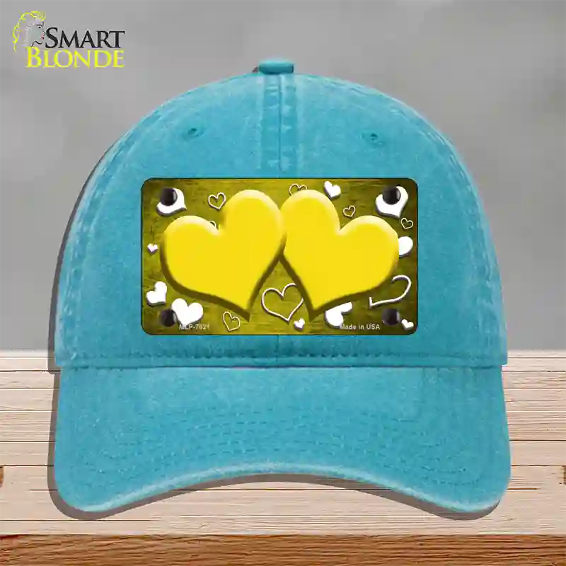 Yellow White Love Hearts Oil Rubbed Novelty License Plate Hat Unconstructed Cotton / Lake Blue