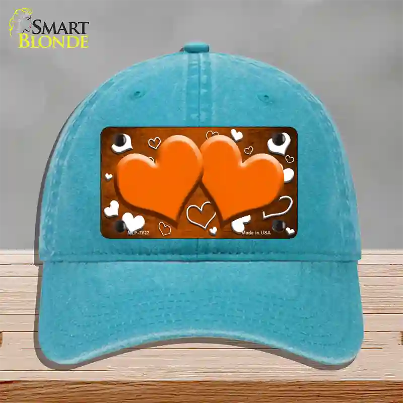 Orange White Love Hearts Oil Rubbed Novelty License Plate Hat Unconstructed Cotton / Lake Blue