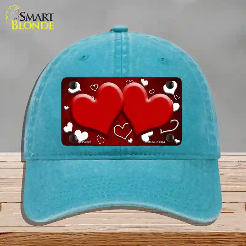 Red White Love Hearts Oil Rubbed Novelty License Plate Hat Unconstructed Cotton / Lake Blue