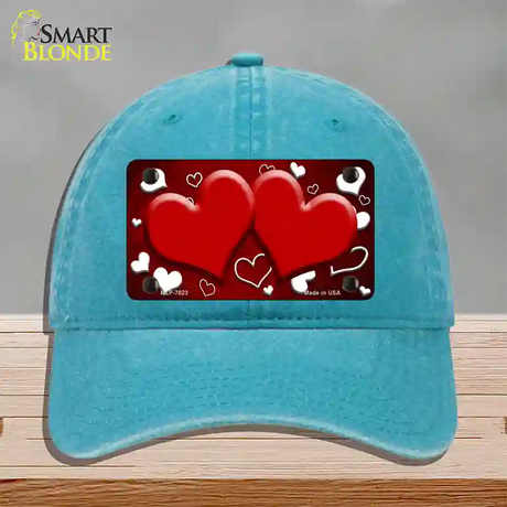 Red White Love Hearts Oil Rubbed Novelty License Plate Hat Unconstructed Cotton / Lake Blue