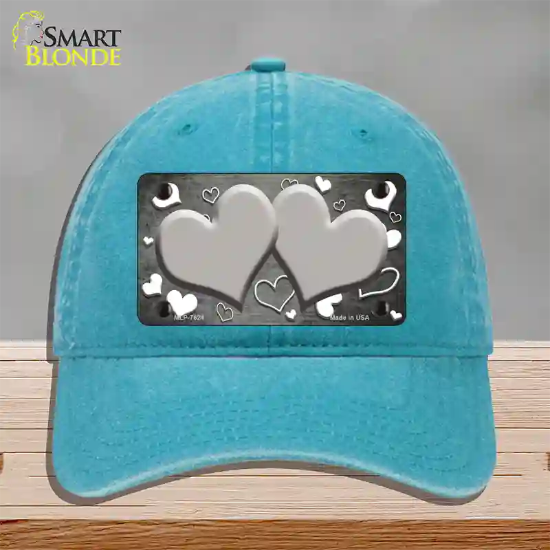 Gray White Love Hearts Oil Rubbed Novelty License Plate Hat Unconstructed Cotton / Lake Blue