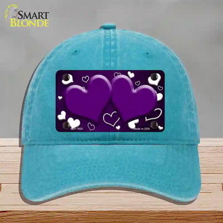 Purple White Love Hearts Oil Rubbed Novelty License Plate Hat Unconstructed Cotton / Lake Blue