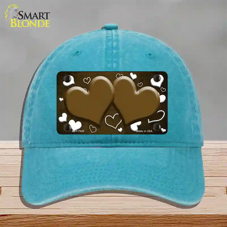 Brown White Love Hearts Oil Rubbed Novelty License Plate Hat Unconstructed Cotton / Lake Blue