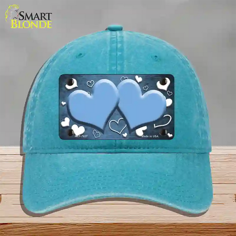 Light Blue White Love Hearts Oil Rubbed Novelty License Plate Hat Unconstructed Cotton / Lake Blue