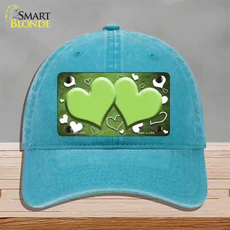 Lime Green White Love Hearts Oil Rubbed Novelty License Plate Hat Unconstructed Cotton / Lake Blue