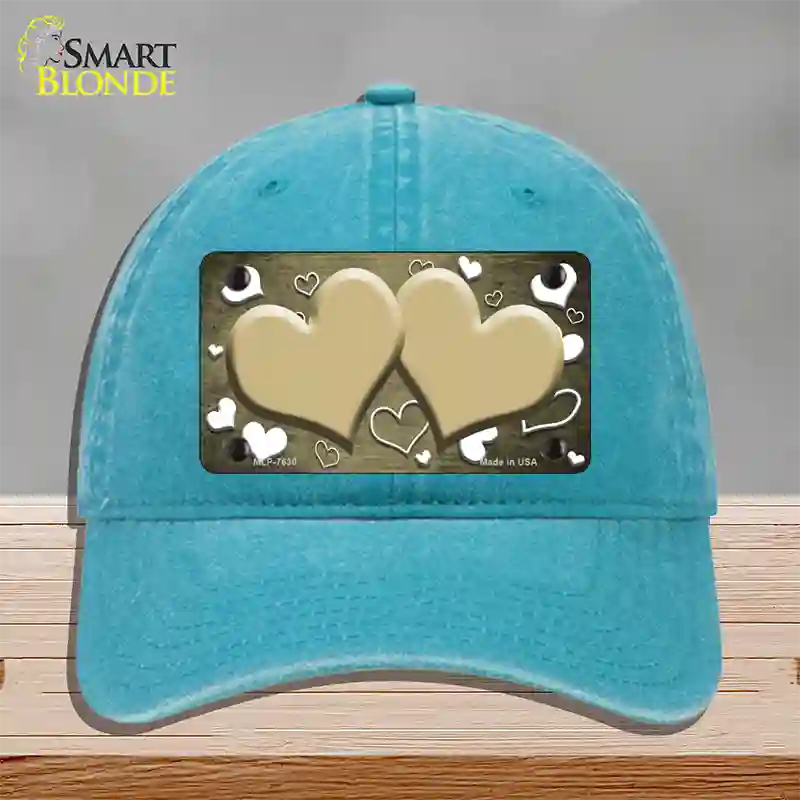 Gold White Love Hearts Oil Rubbed Novelty License Plate Hat Unconstructed Cotton / Lake Blue